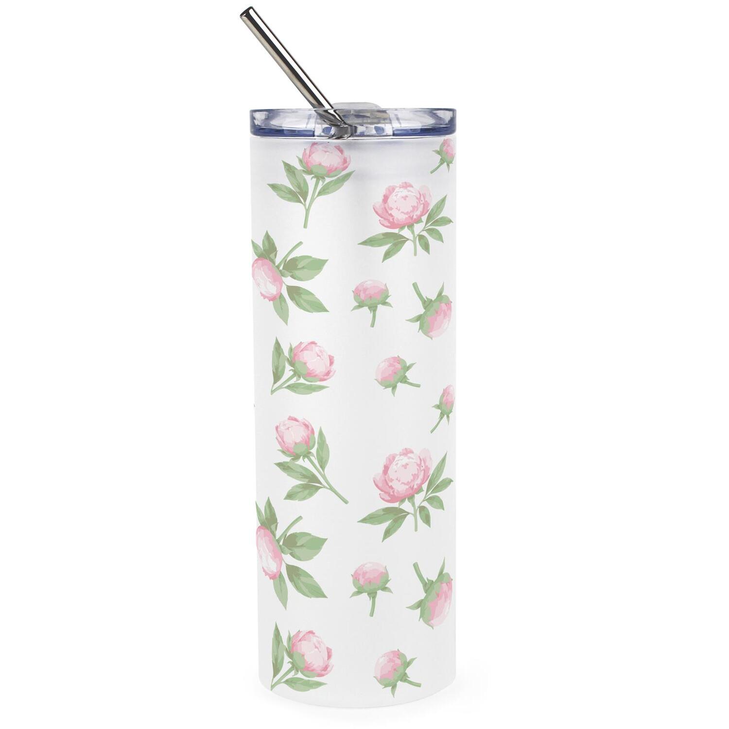 Purely Home Pink Peonies Frosted Glass Travel Flask With Straw