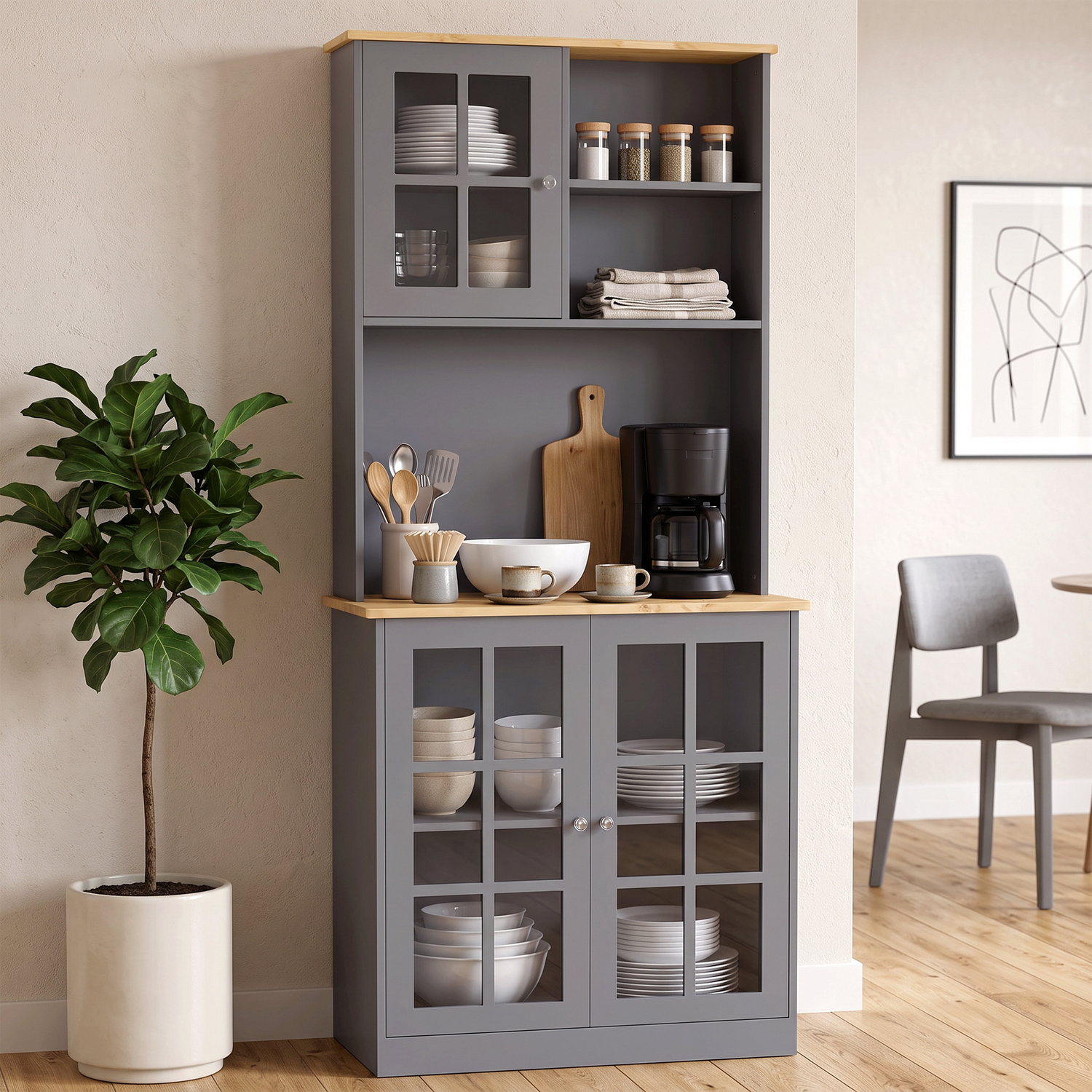 Homcom Grey Kitchen Pantry, Buffet Hutch With 3 Storage Cabinets, - Image 3