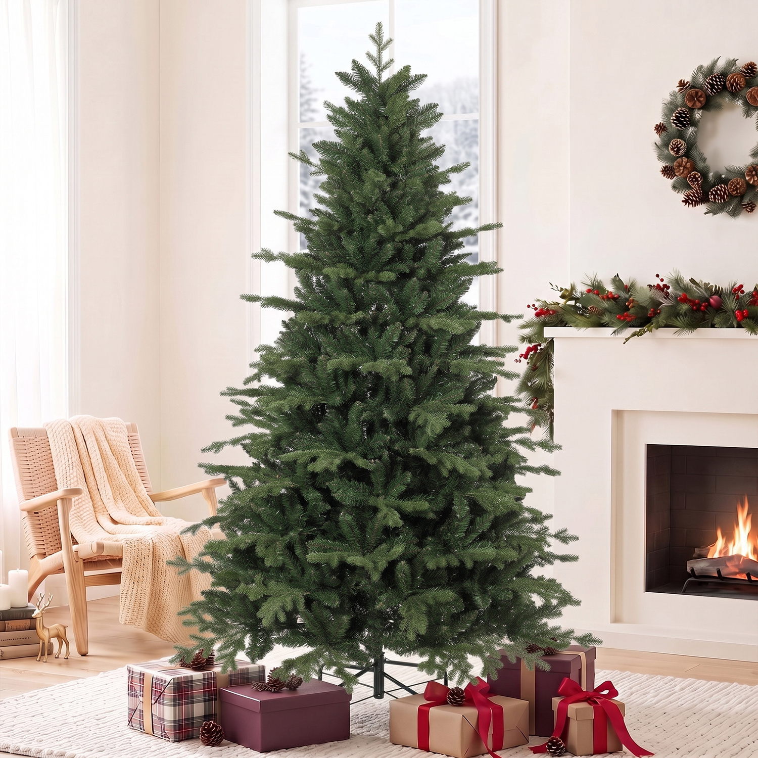 Homcom 7 Ft Artificial Christmas Tree With Metal Base, Hinged Branches, Green - Image 5