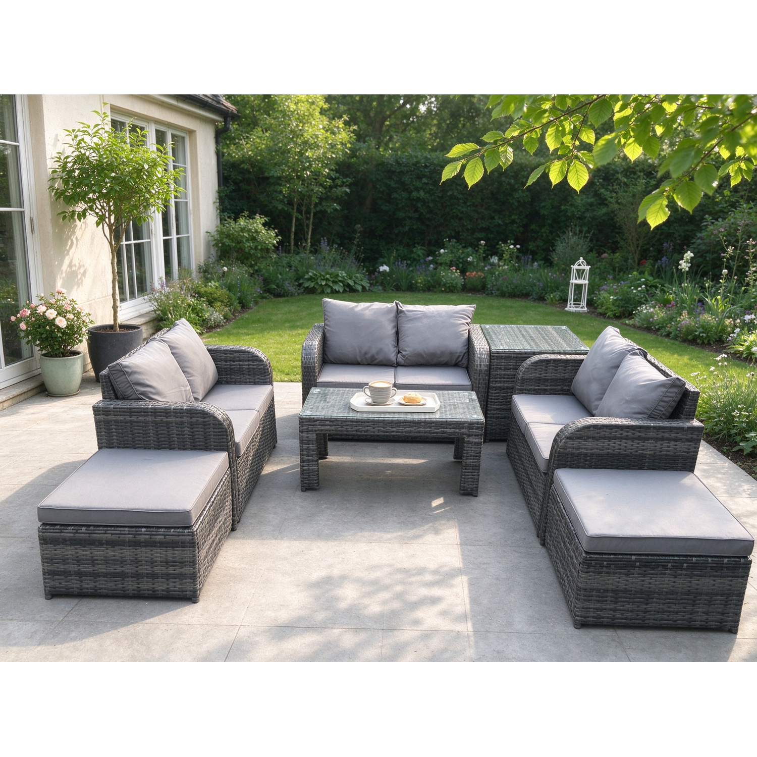 Fimous Unisex Dark Grey Outdoor Garden Furniture Sets Pieces Wicker Rattan Furniture Sofa Sets With Coffee Table Love Seat Sofa 2 Big Footstool Side Table Size 7 - Image 2