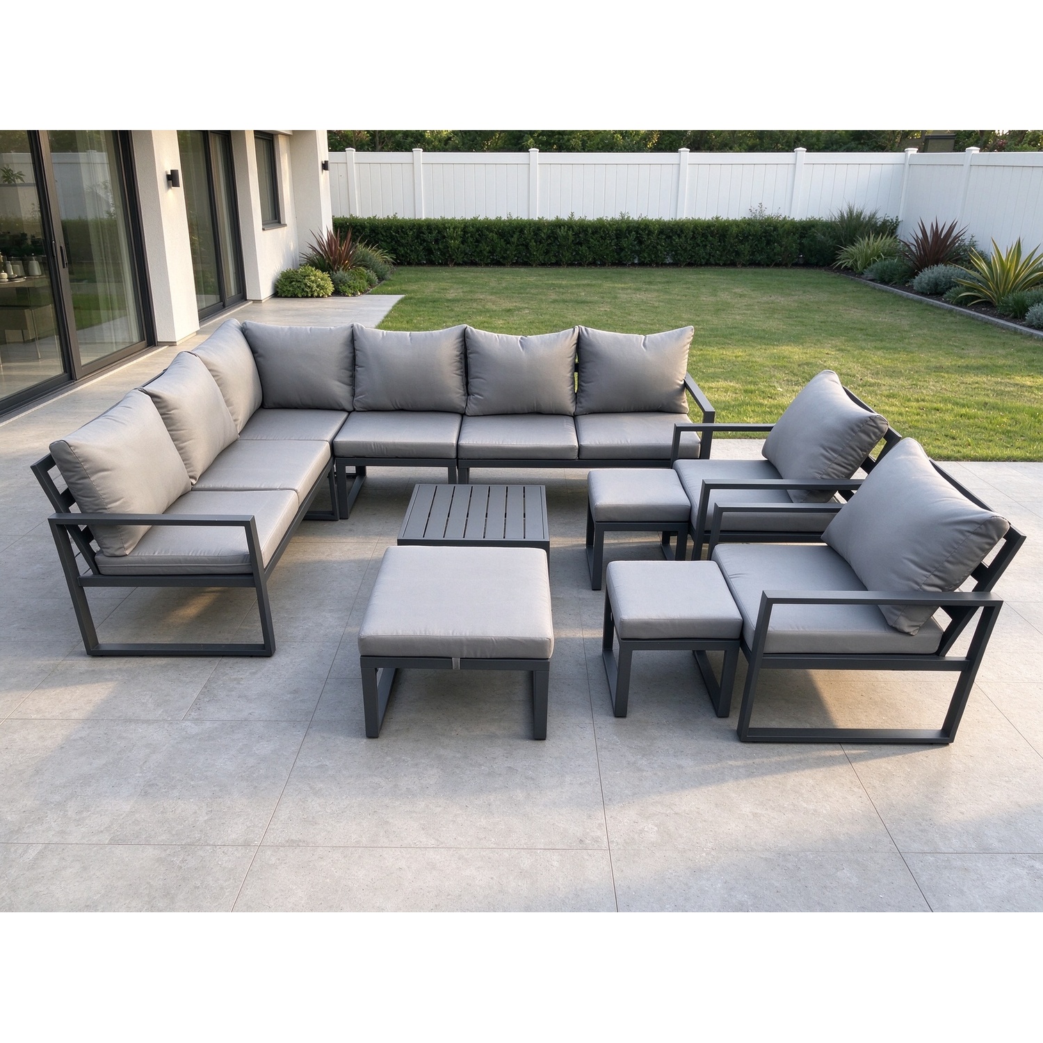 Rackhams Dark/Grey 11 Seater Outdoor Lounge Corner Sofa Set Aluminium Garden Furniture Sets With Square Coffee Table 2 Chairs 3 Footstools - Image 2