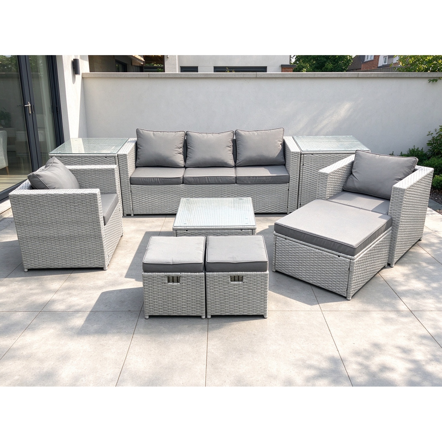Fimous Light/Grey Rattan Garden Outdoor Furniture Sofa Set With Square Coffee Table 2 Chairs 3 Footstools 2 Side Tables Mixed - Image 2