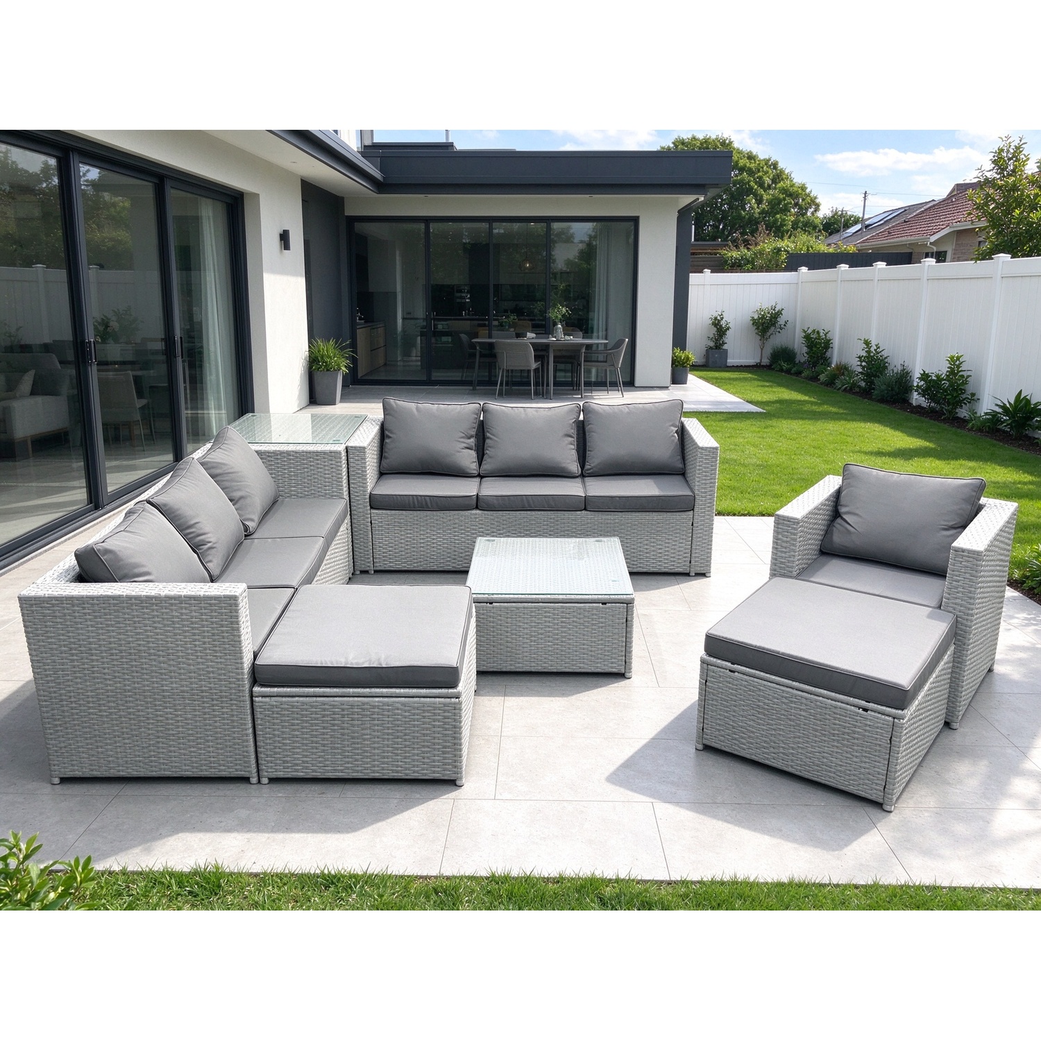 B&Q - Wicker Pe Rattan Sofa Garden Furniture Set Armchair Square Coffee Table 2 Big Stools Side Table Light Grey - Image 2