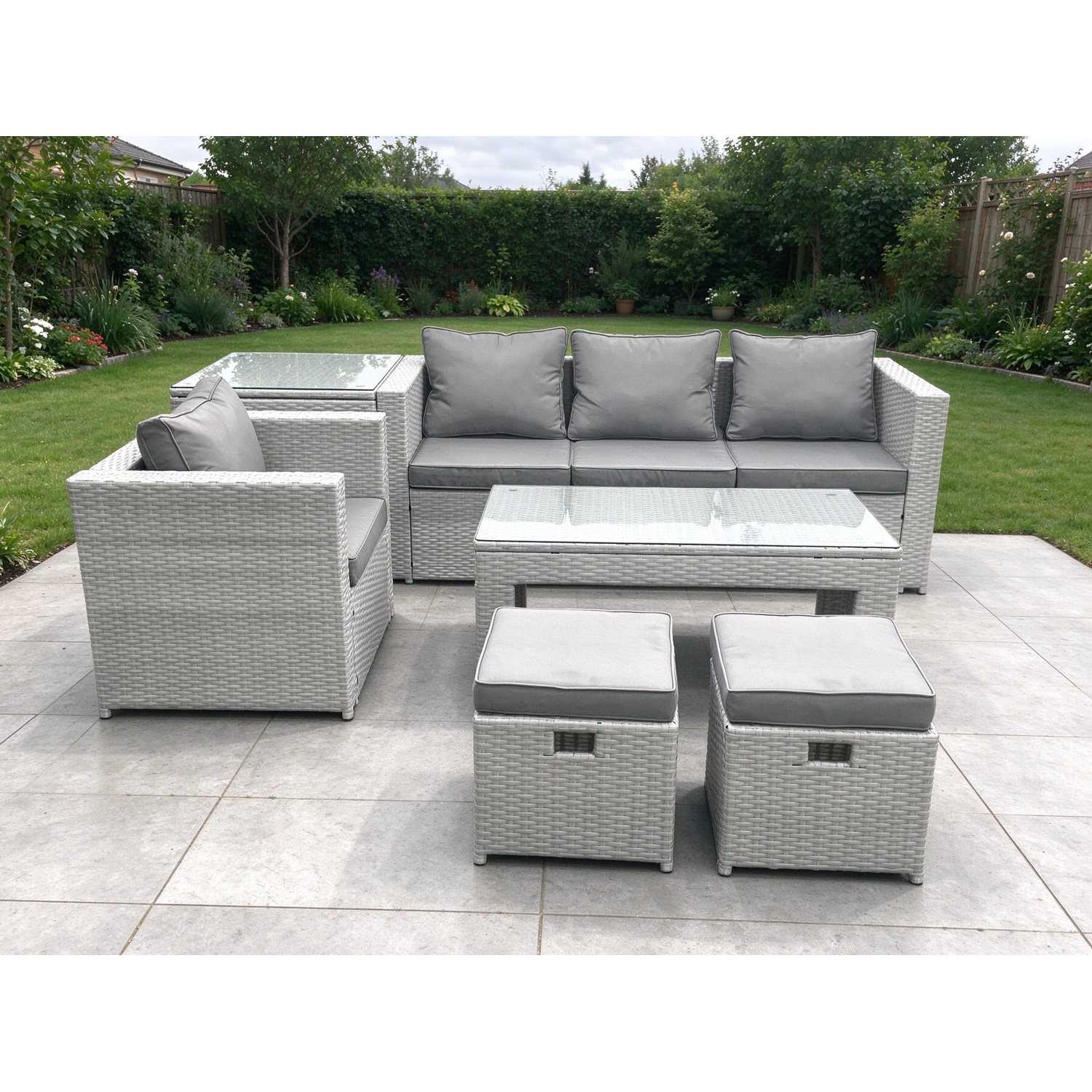 B&Q - Rattan Garden Furniture Set Outdoor Lounger Sofa Coffee Table 2 Small Stools Light Grey 6 Seater - Image 2