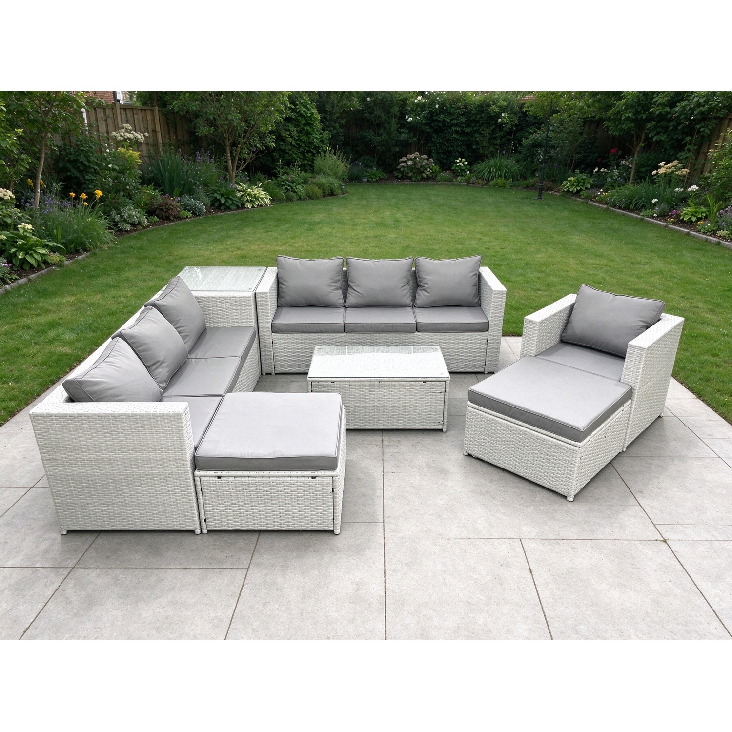 B&Q - Wicker Pe Rattan Sofa Garden Furniture Set Armchair Oblong Coffee Table 2 Big Stools Side Table Light Grey - Image 2