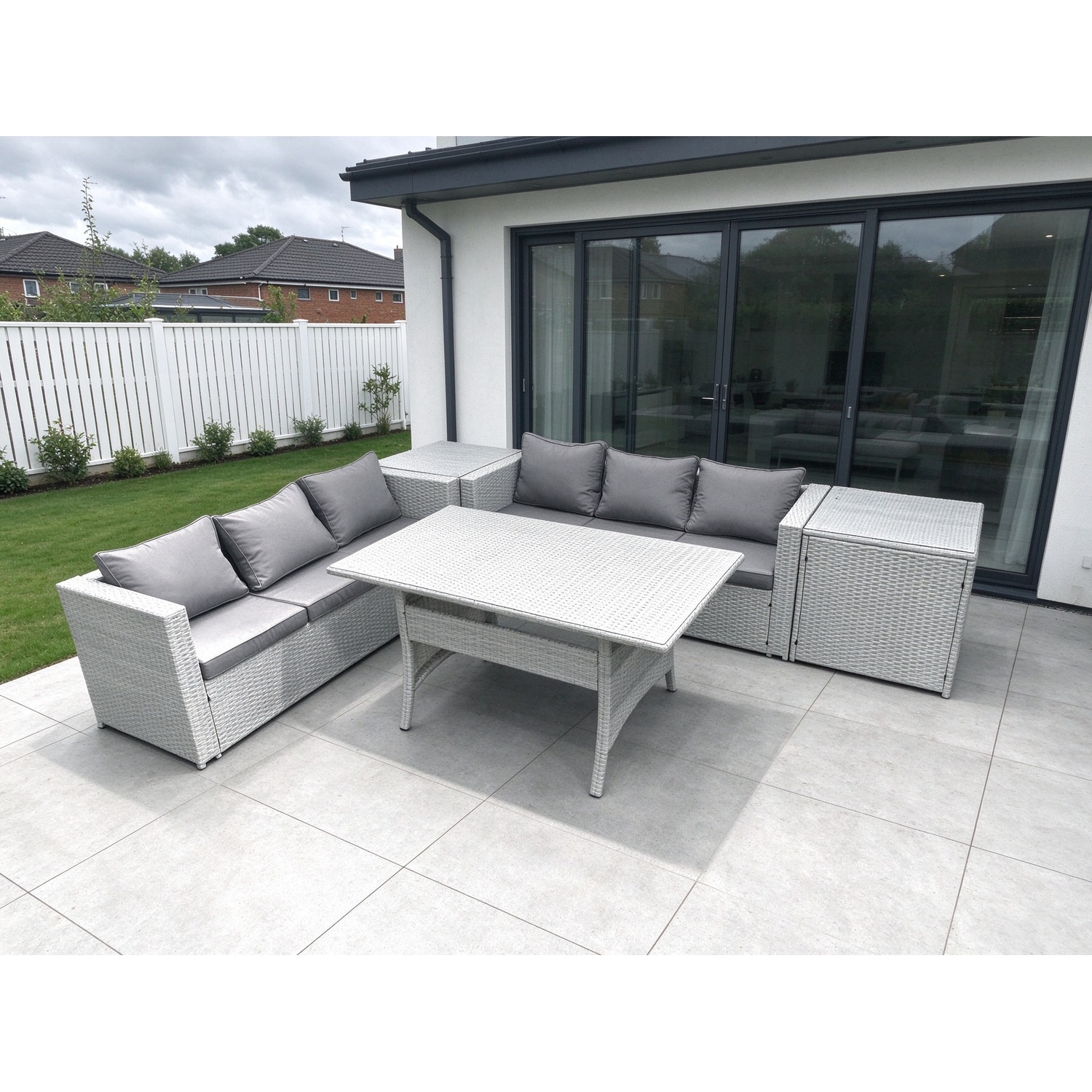 Fimous Light/Grey Rattan Garden Furniture Set 6 Seater Outdoor Sofa Set With Dining Table 2 Side Tables Mixed - Image 2