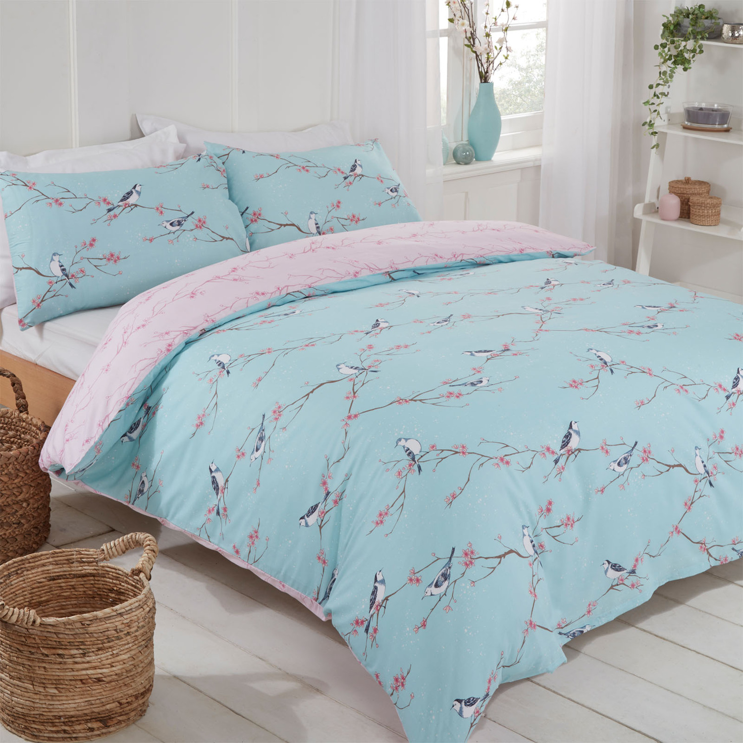 Dreamscene Blossom Bird Duvet Cover with Pillowcases - Blue / Double