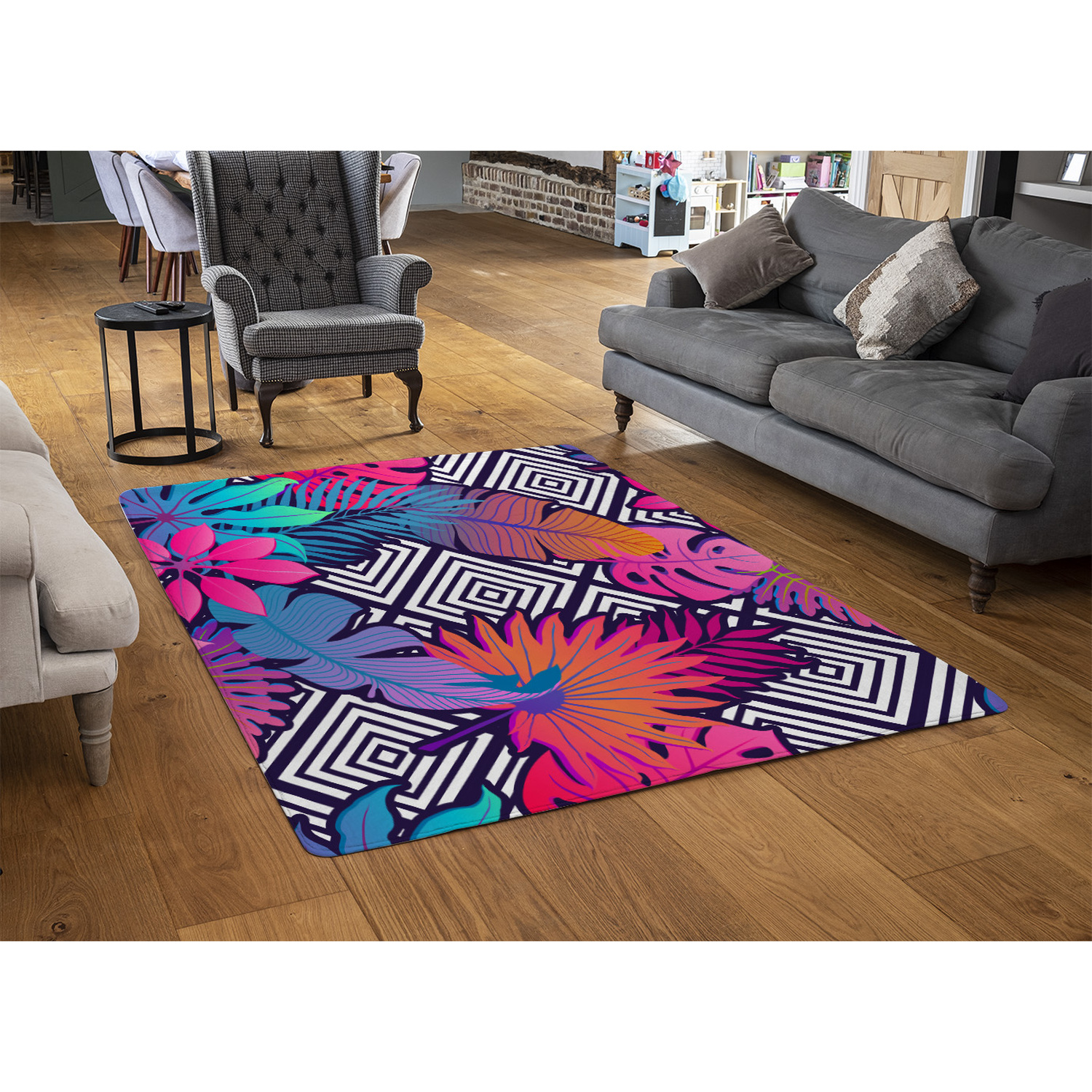 Tropical Geometric Rug - Black / 150cm thumbnail