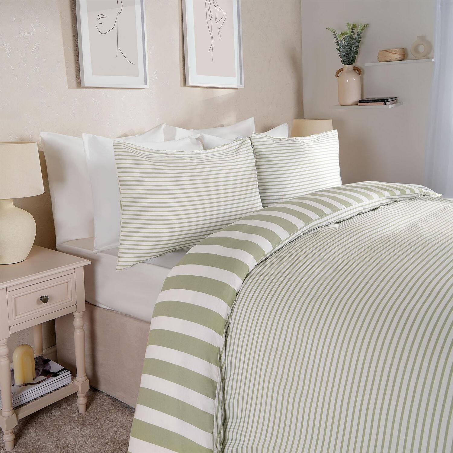 Stripe Line Reversible Duvet Cover - Sage King