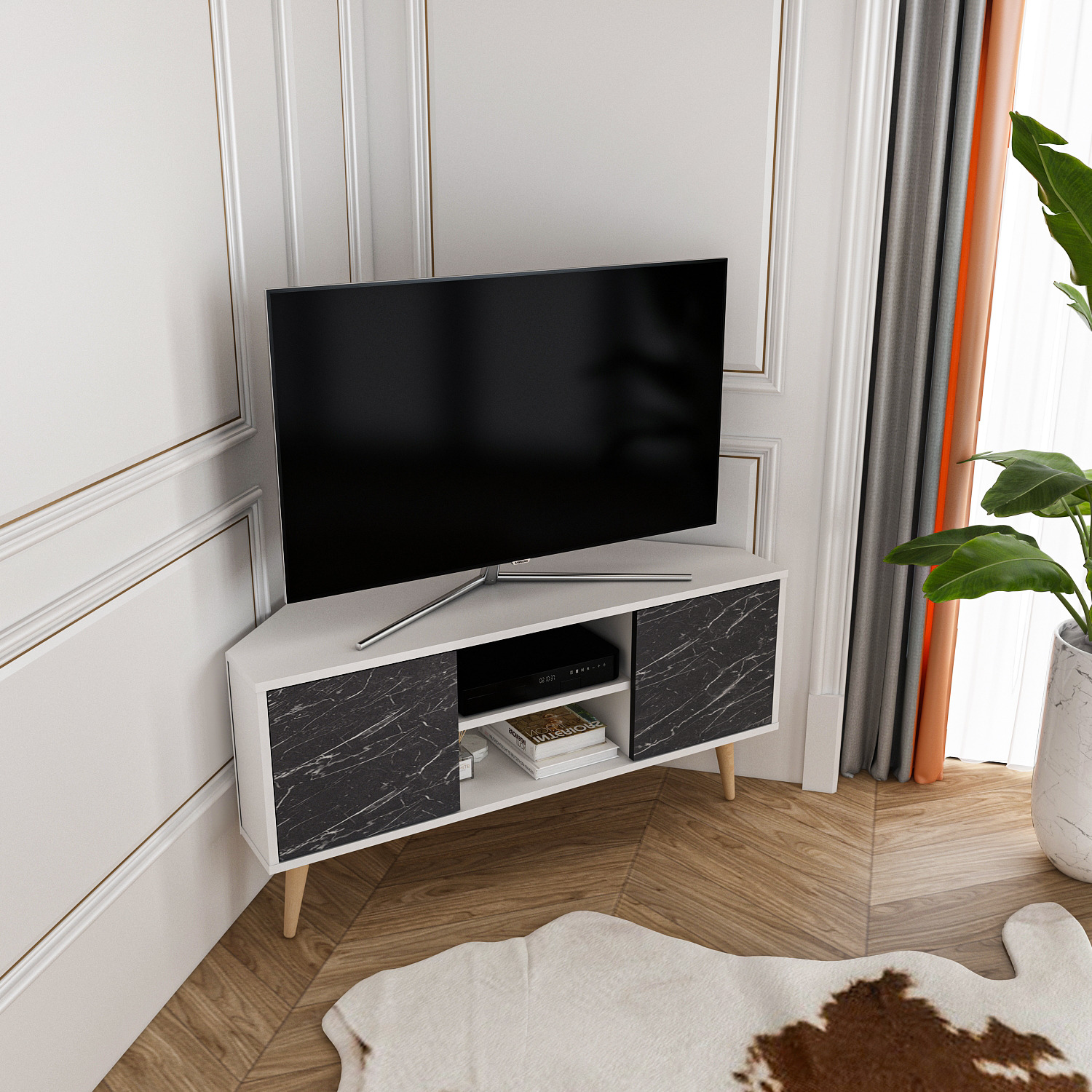 Lesson Corner Tv Unit - White And Black Marble Effect