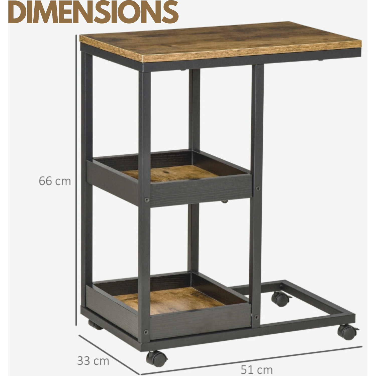 Industrial C Shaped Side Table 3-tier With Wheels - Brown
