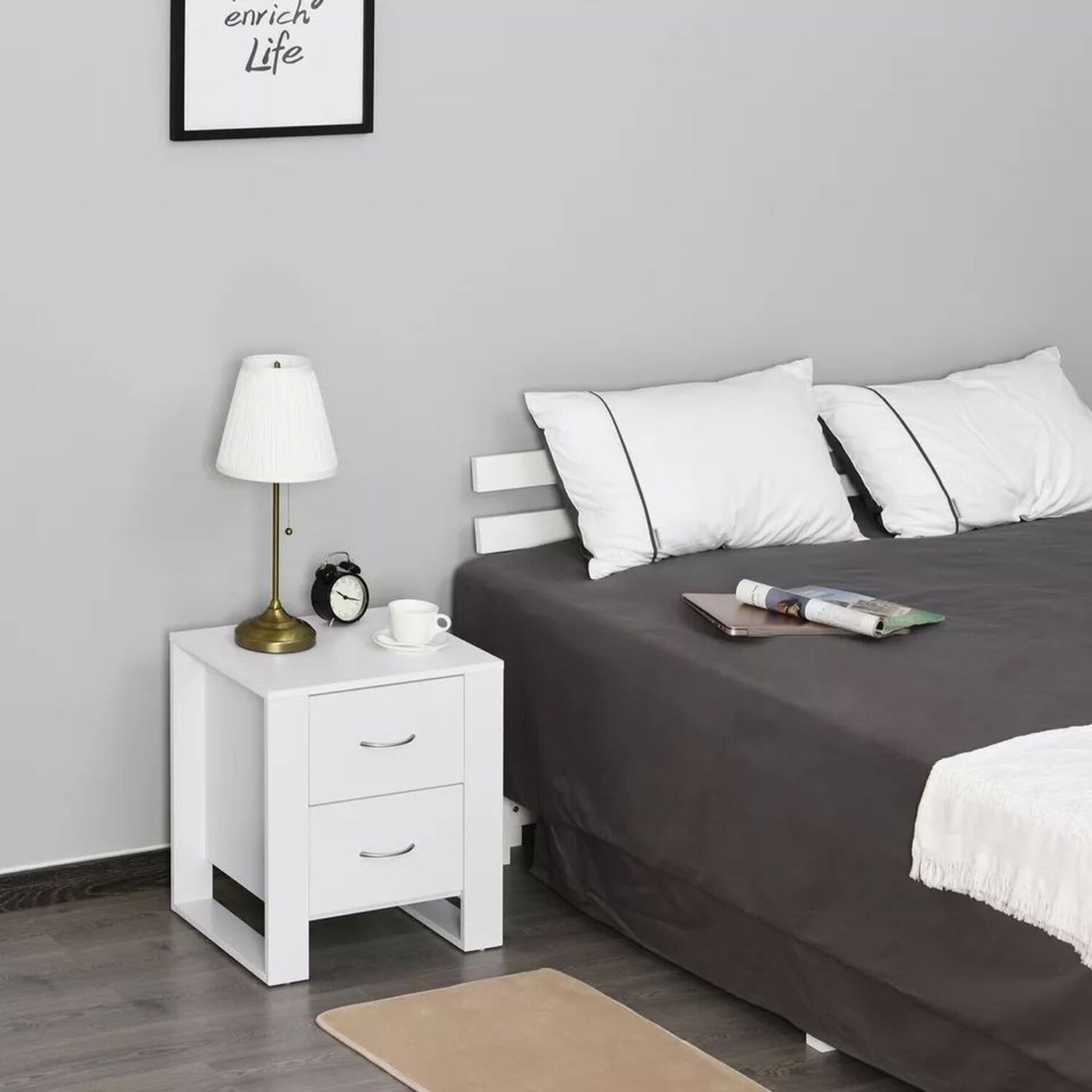 2 Drawer Bedside Table With Handles - White