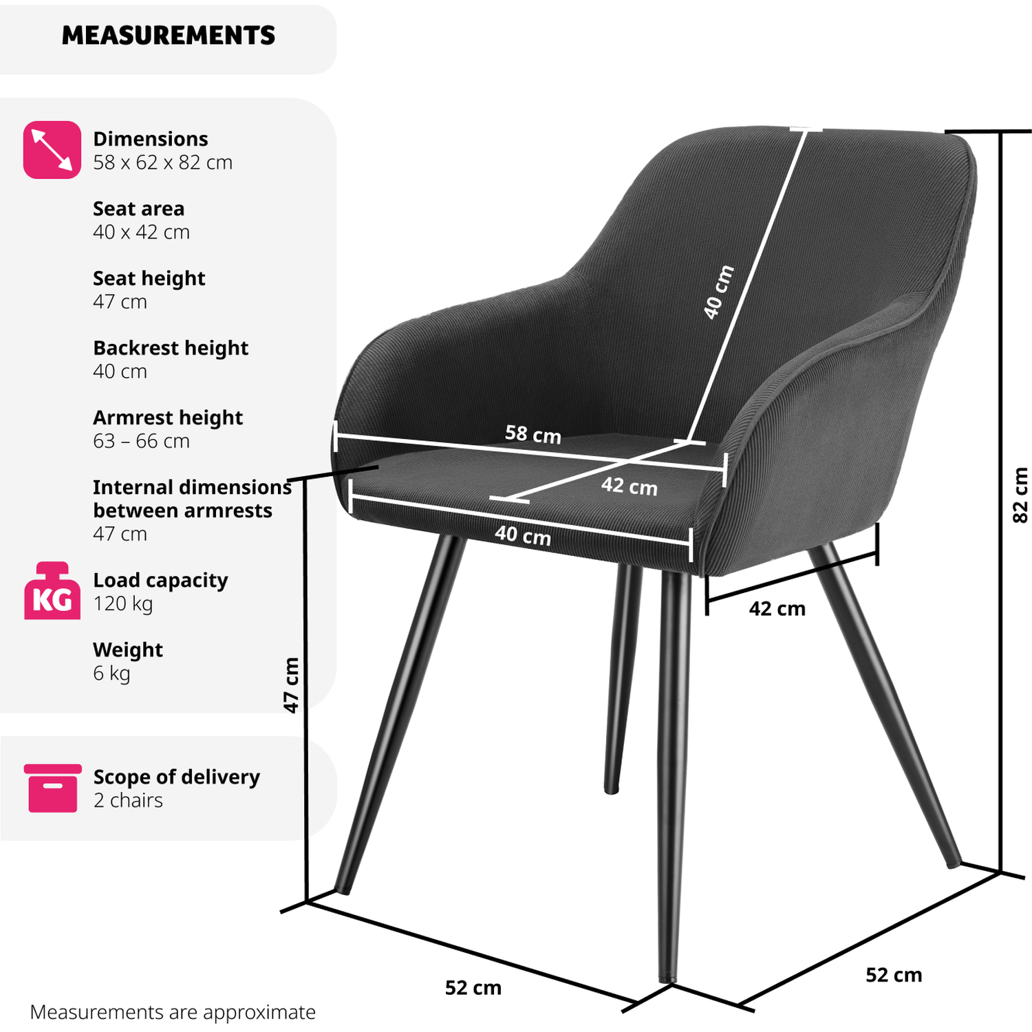 Dining Chair Scandi - Padded Boucle Cover High Backrest - Anthracite Black 82cm 2
