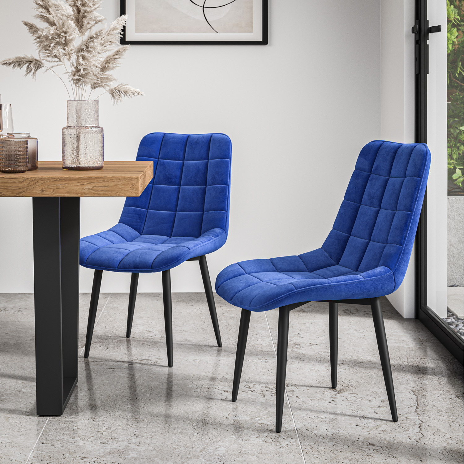 Etta Glass Dining Table Set W Solid Oak Legs W 4-6 Nova Velvet Chair - Blue 4