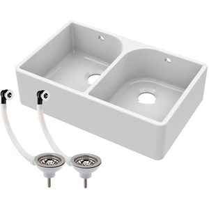 2 Bowl Fireclay Butler Sink Full Weir Overflows Wastes 795x500x220mm