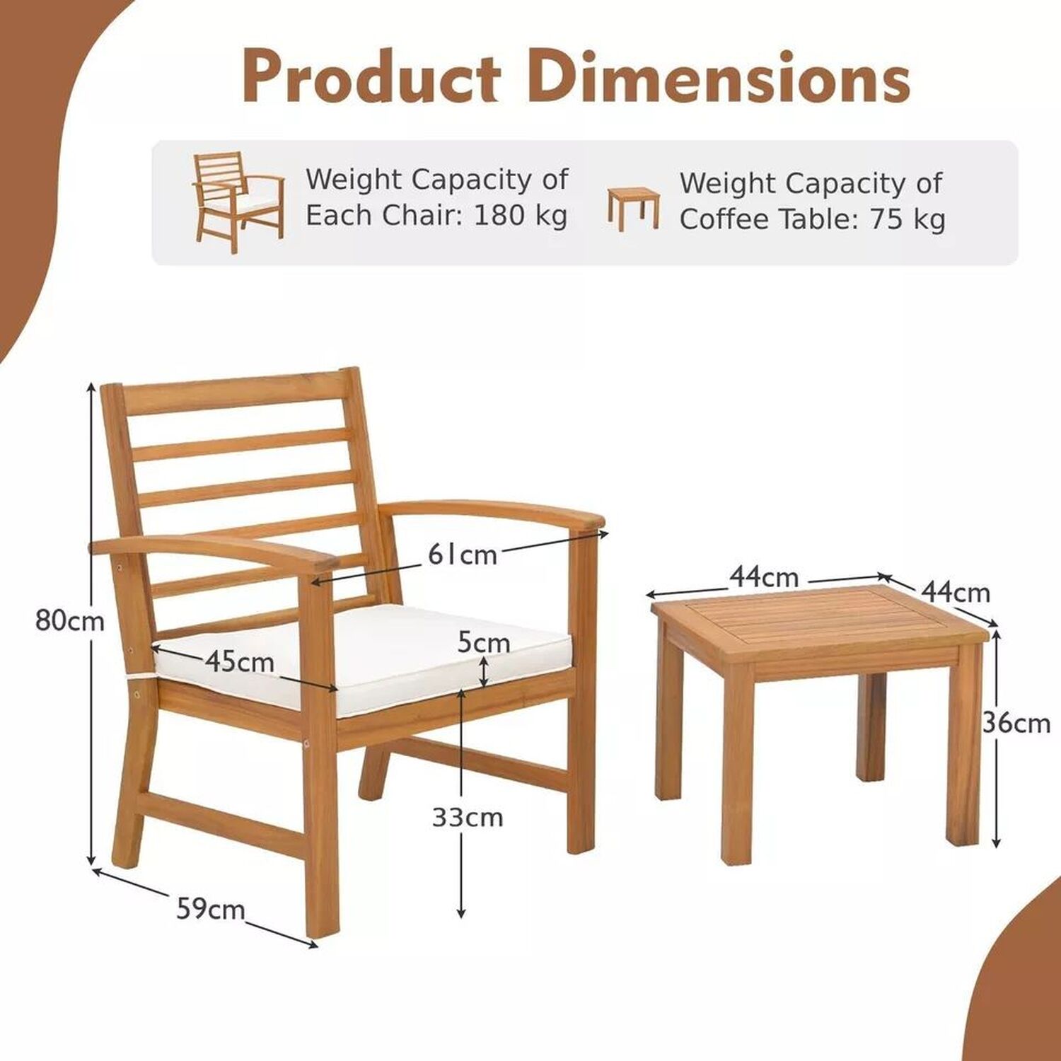 Acacia Wood Bistro Chair And Table Set With Cushions - Natural