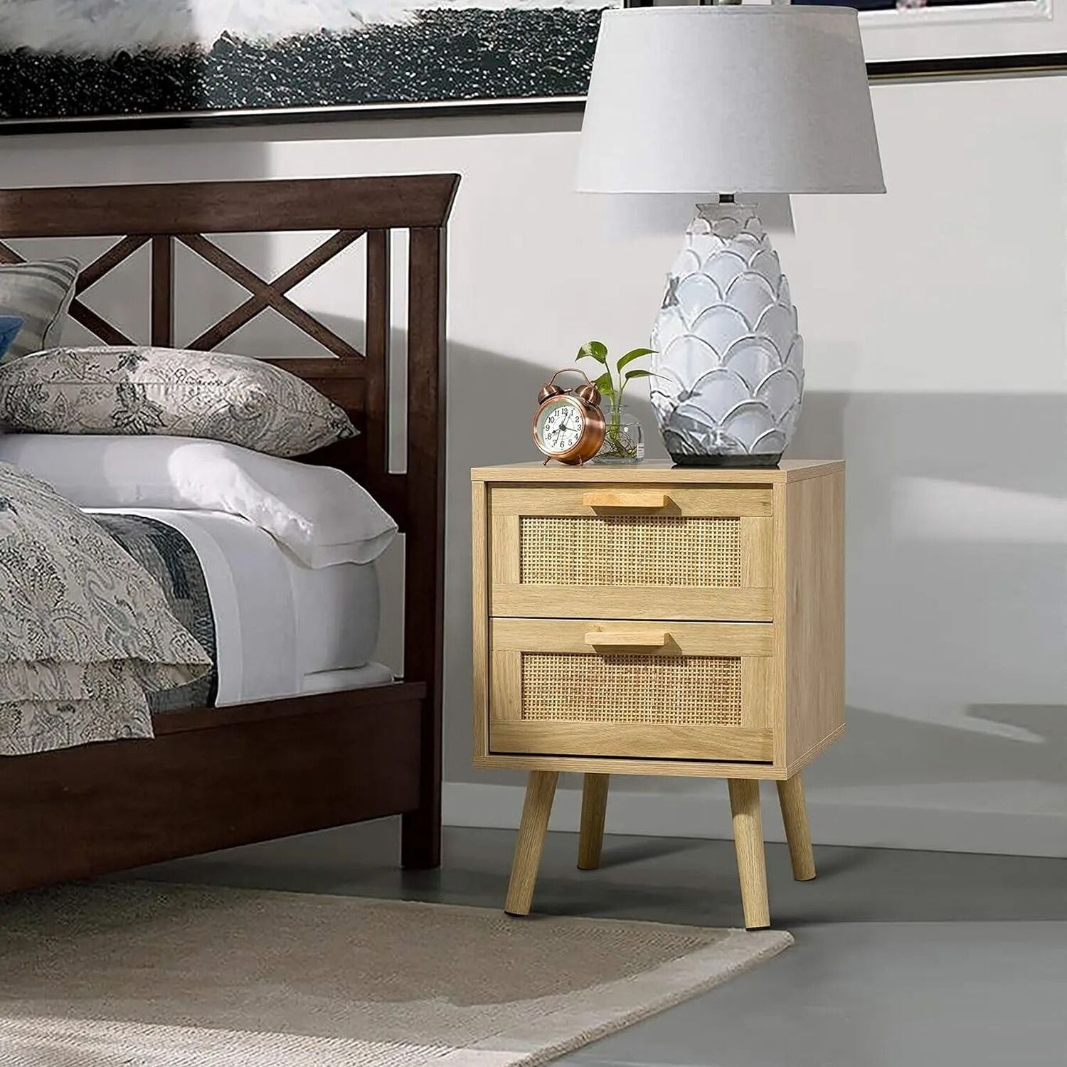 2 Handmade Rattan Bedside Tables With Decorated Drawers - Brown