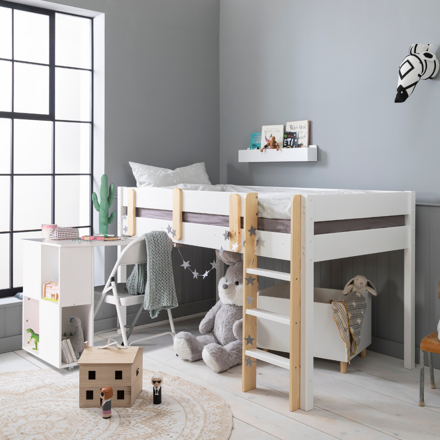 Una Cabin Bed Midsleeper With Oliver Desk In Classic White - White