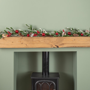 Christmas Frosted Pinecone Garland with Red Berries and Baubles