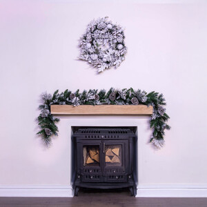Flocked Decorated Mixed Pine Garland with Pine Cones