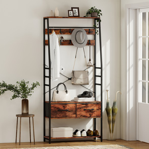 HOMCOM Coat Rack with Shoe Storage Bench and 10 Hooks Rustic Brown
