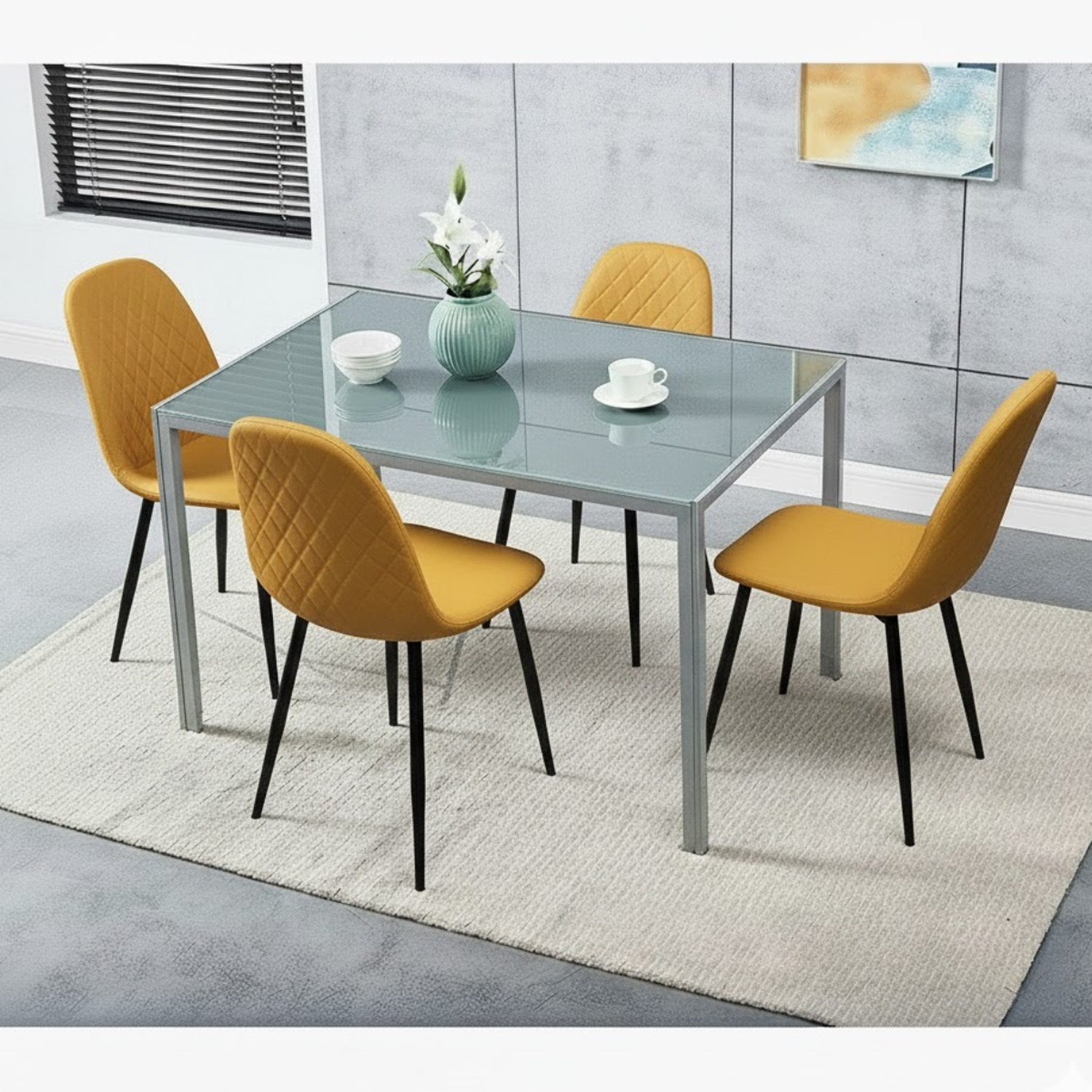 Modern Grey Glass Dining Table Set with 4 Mustard Chairs Dining Room ...