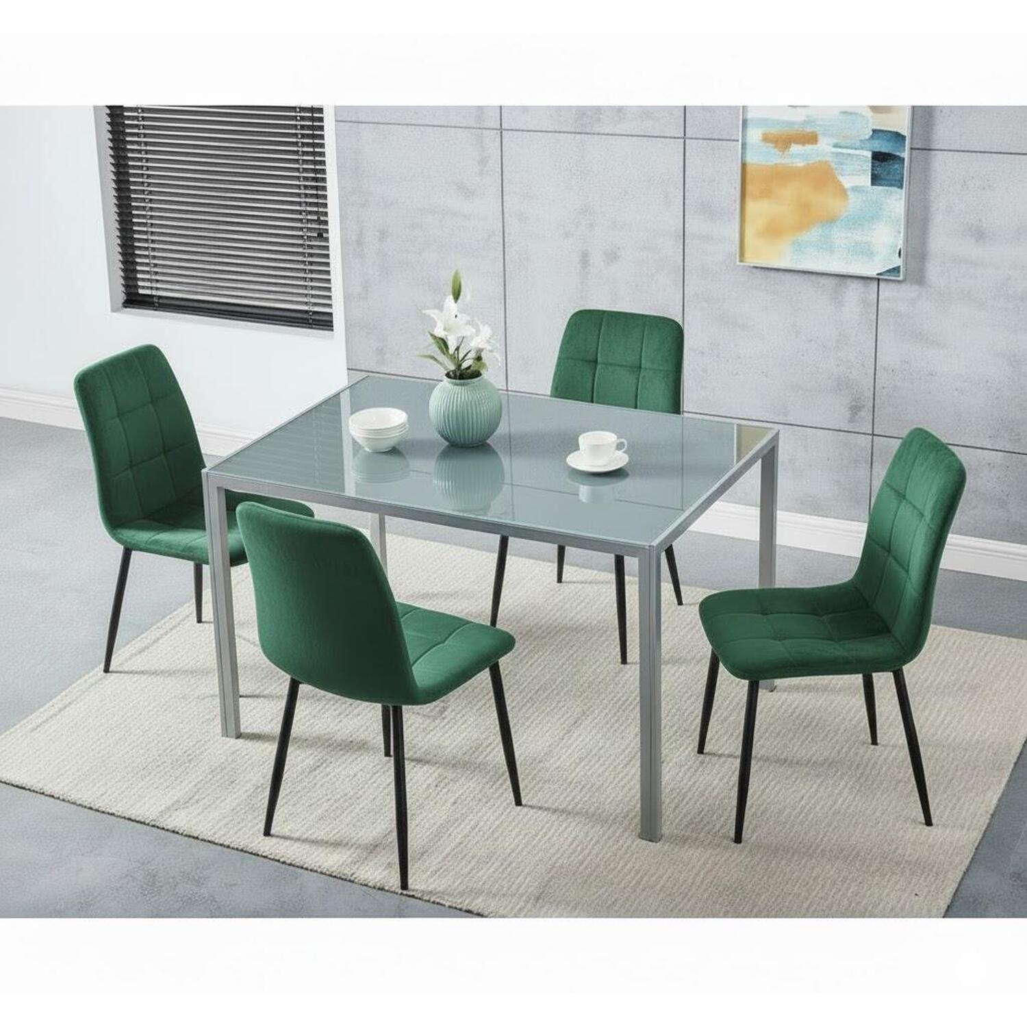 Modern Grey Glass Dining Table Set with 4 Green Chairs Dining Furniture