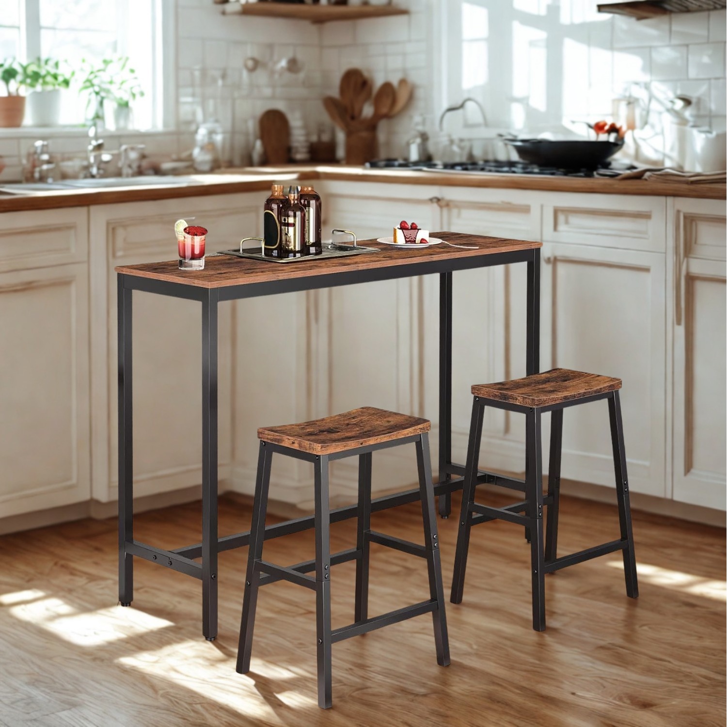 Set Of 2 Kitchen Counter Height Breakfast Bar Stools With Footrest Brown - Rustic Brown 60cm