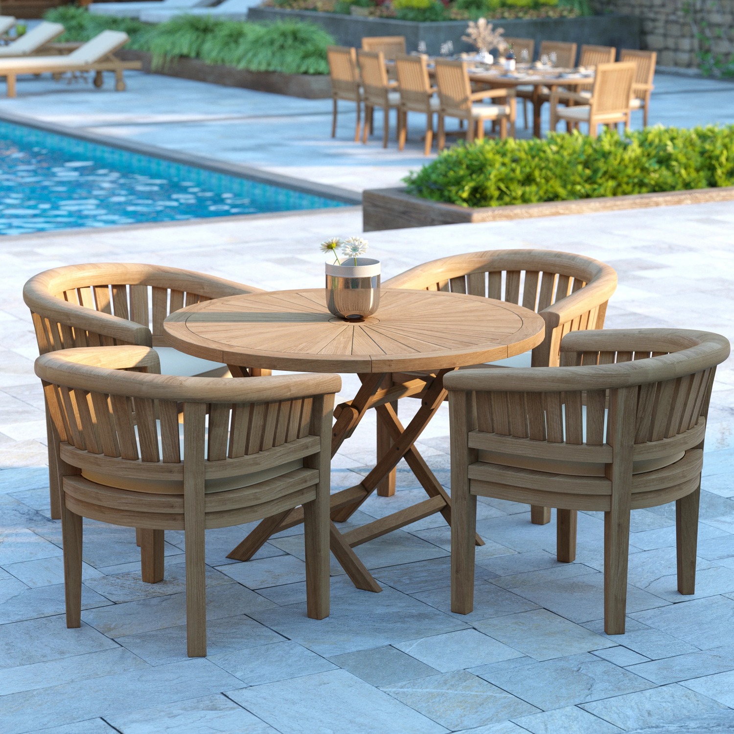 Bodo Teak Garden Dining Table And 4 Seat Chair Set - Teak Table 4 Chairs Cream Cushions