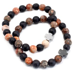 Set of 2 Leopard Skin Jasper  Lava Stone Friendship Bracelets