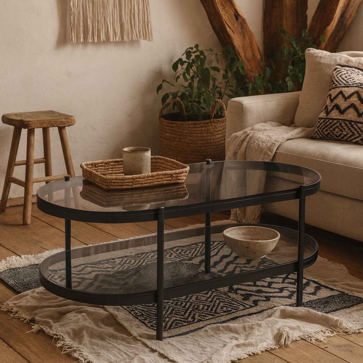 Wyld Haus Featheroak Oval Coffee Table - Grey Smoked Glass Top Matt Black Steel Base - Grey