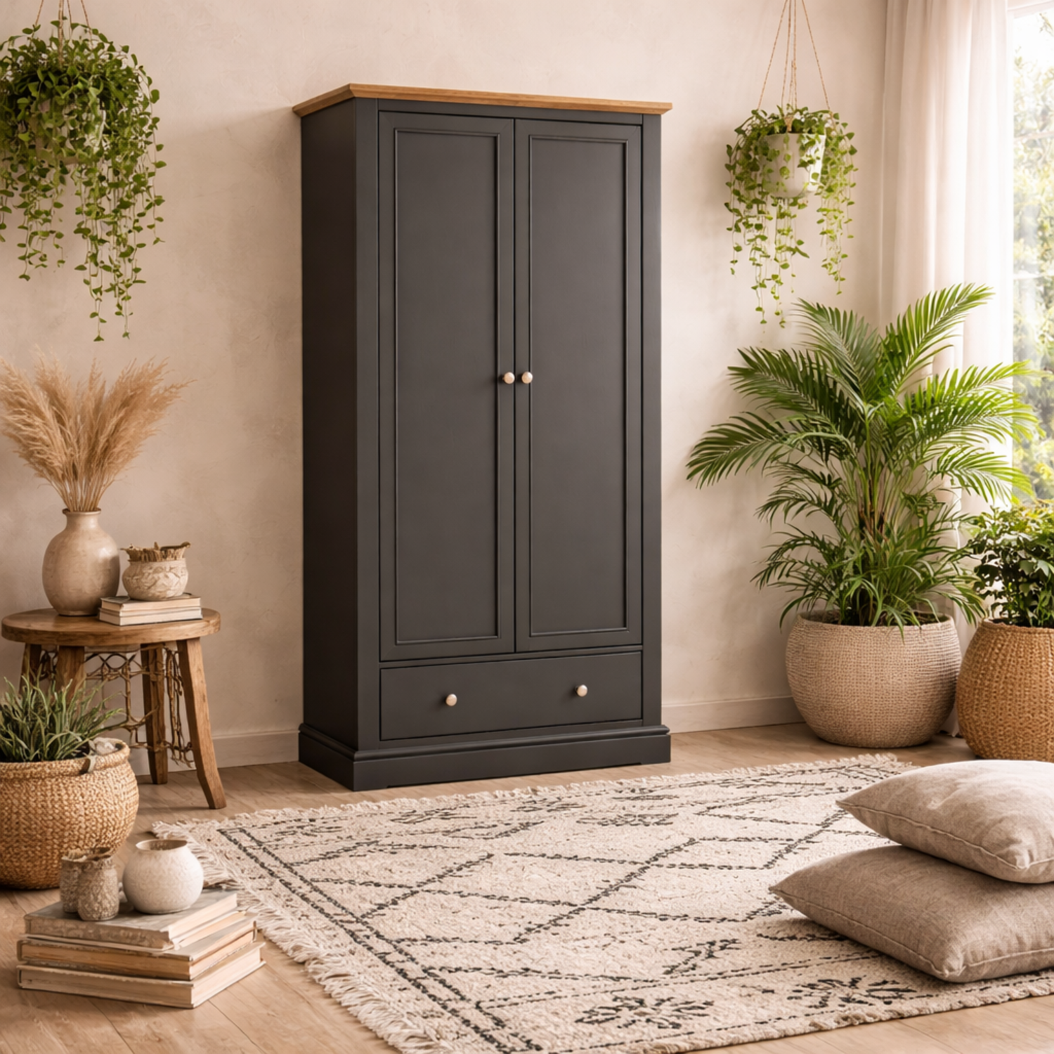 Ardee 2-Door Dark Grey Wardrobe with Natural Oak Top and 1 Drawer - Grey