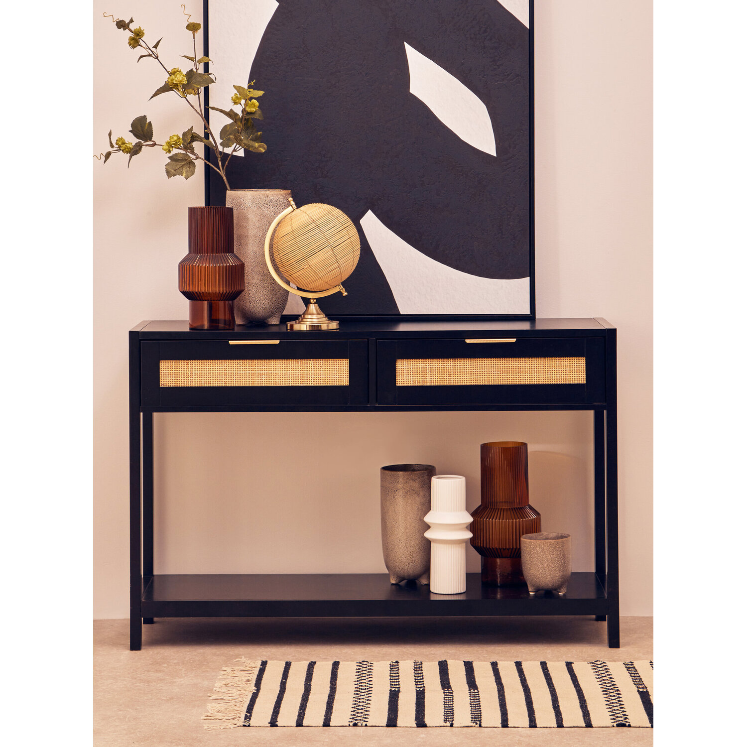 Sherman Black Wood and Rattan Two Drawer Console Table - Black
