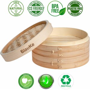BlauKe Bamboo Steamer Basket 25cm with Chopsticks, Tongs, 50 Paper Liners - 2-Tier Food Steamer