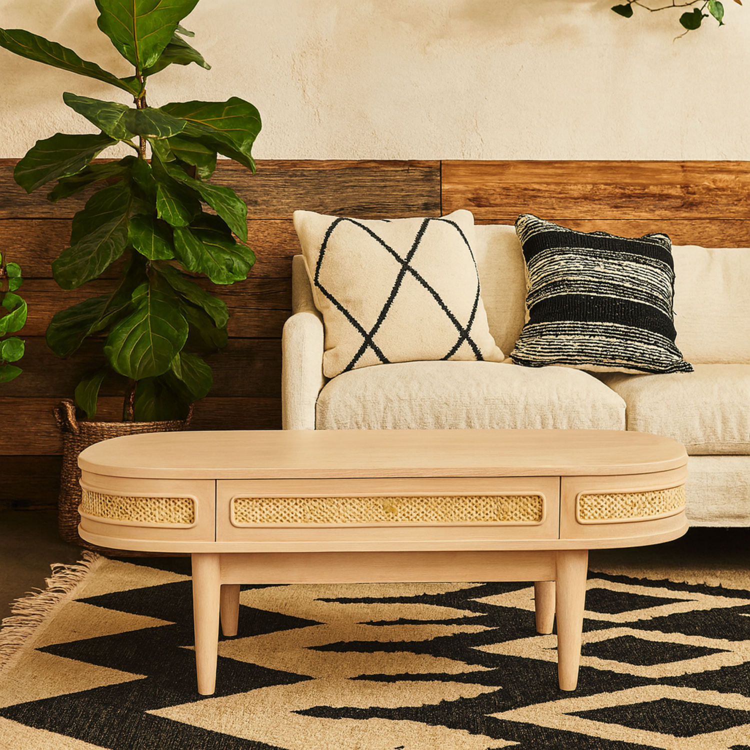 Chicago Oval Coffee Table Natural Mango Wood with Cane Rattan 1 Drawer Matt Finish - Brown