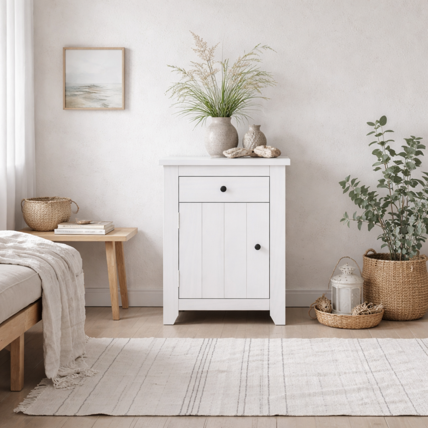 Tralee Panelled Washed Bedside Table with Drawer and Door - White