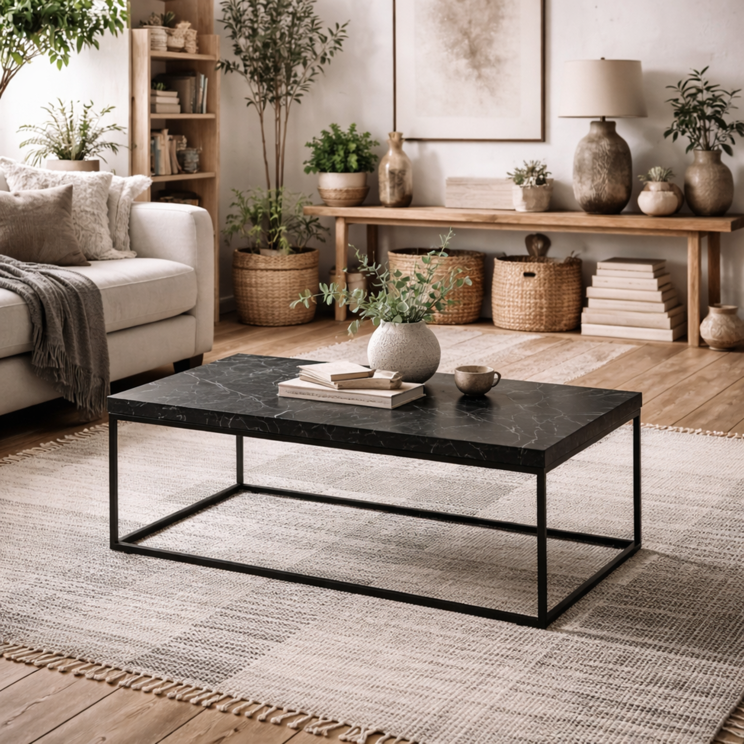 Hazelmere Rectangular Coffee Table Marble Effect Gloss Top Powder Coated Metal Legs - Black
