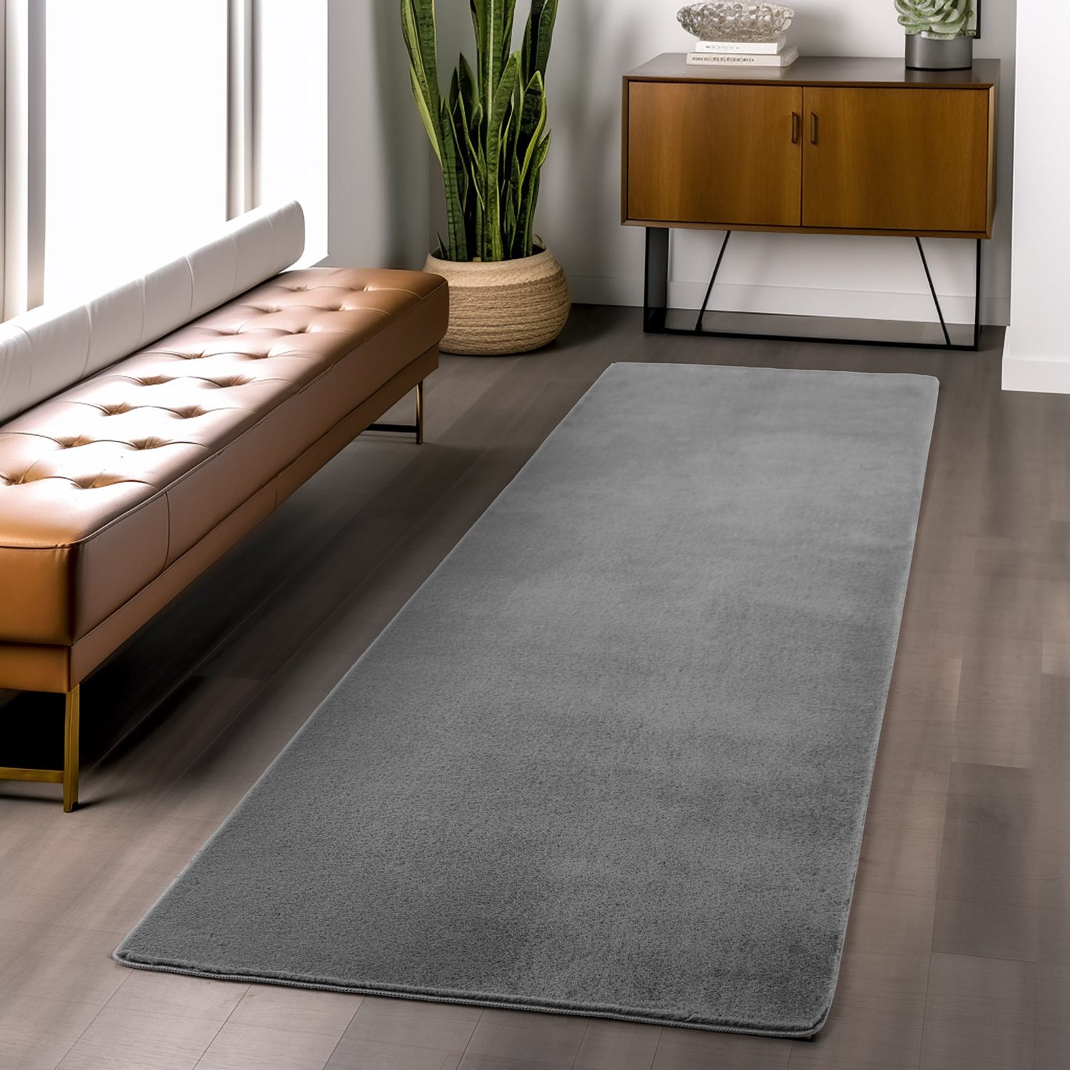 Snuggly Washable Low Pile Living Room Area Rug - Anti-Slip Felt Backing - Anthracite / 200cm / 60cm