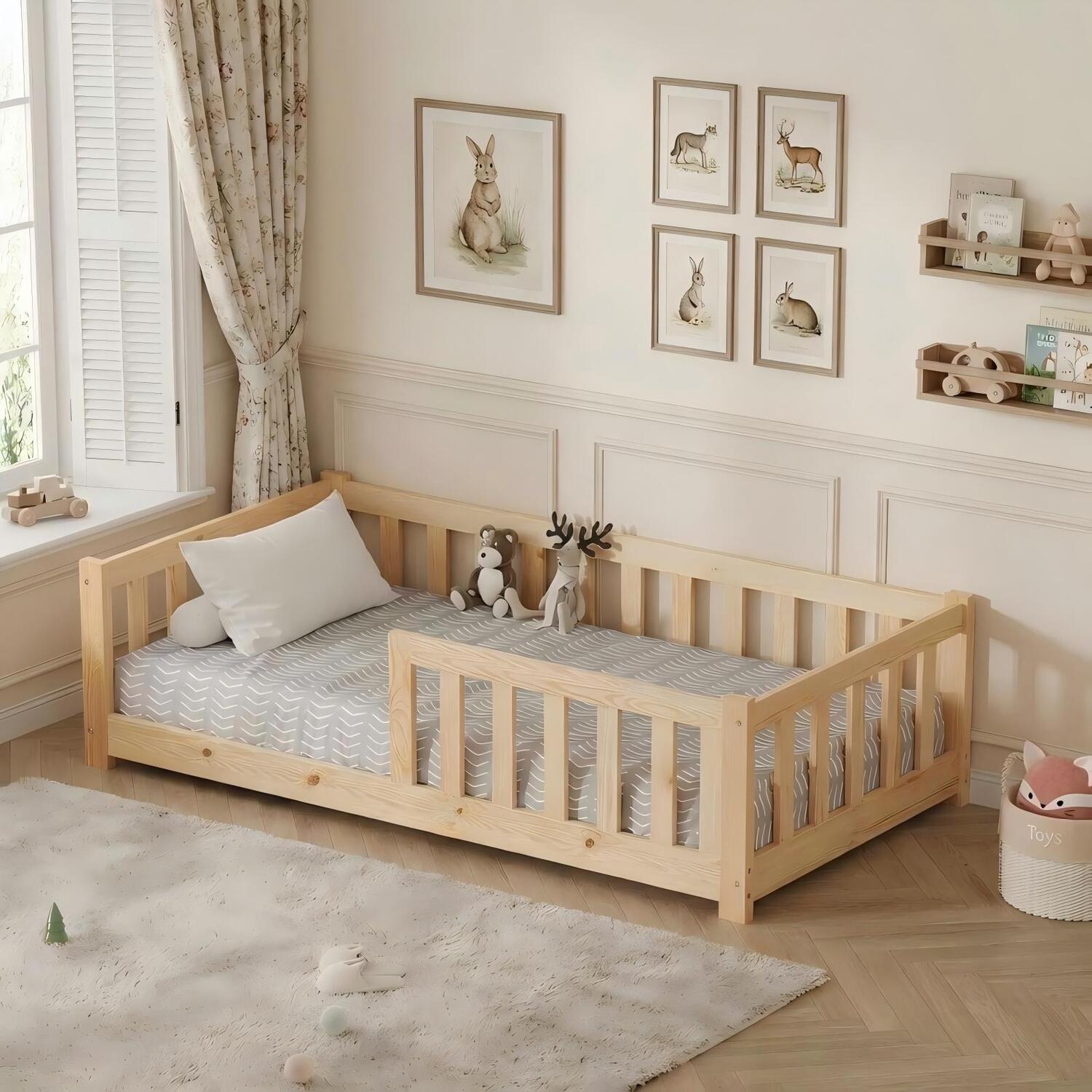 Hmd Children's Bed With Full-Length Guardrails Slatted Bed Frame Toddler Floor Bed