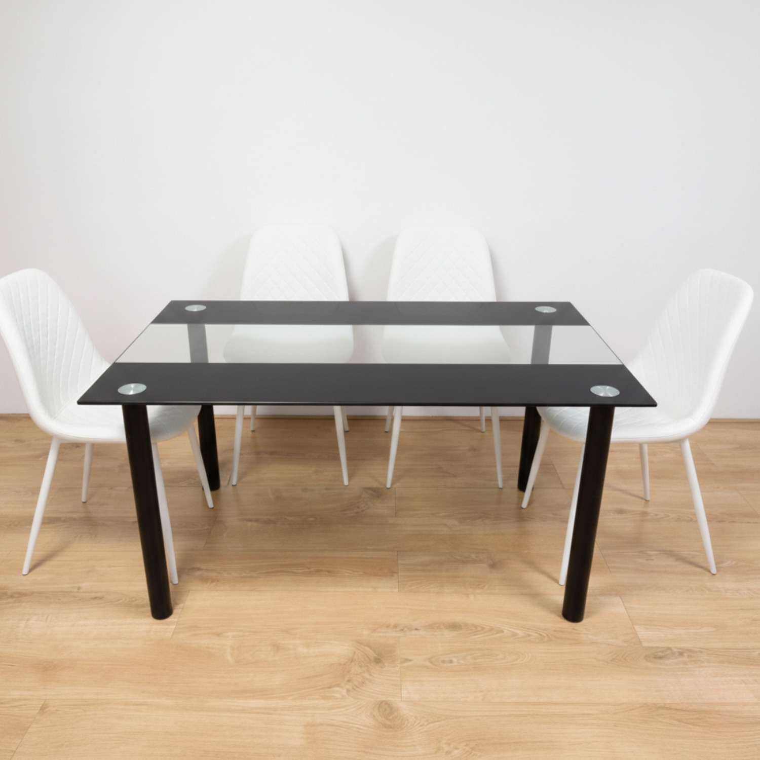 B&Q - Black Clear Glass 4 Gem Pattern Faux Leather Padded Black Chairs Dining Room Furniture - Image 2