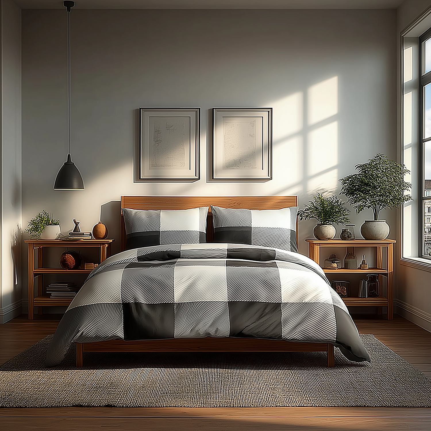 Snug City Duvet Cover & Pillowcase Set White Black Grey Tartan Check Design Polycotton Bed Linen | Size: King