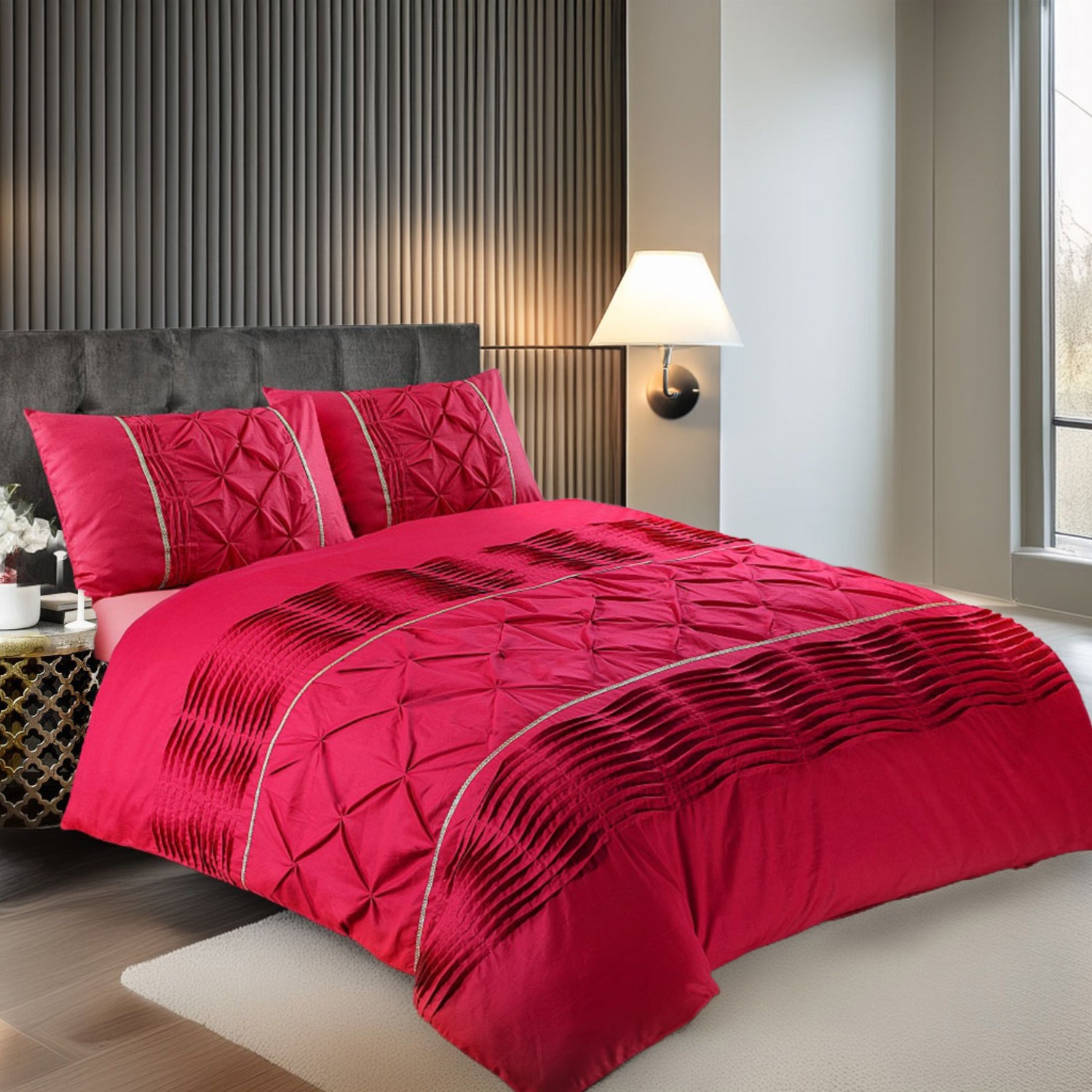 Duvet Cover And Pillowcase Set Silver Black Red Lilac White Pintuck Pleated Design Polycotton Linen - Red / Superking