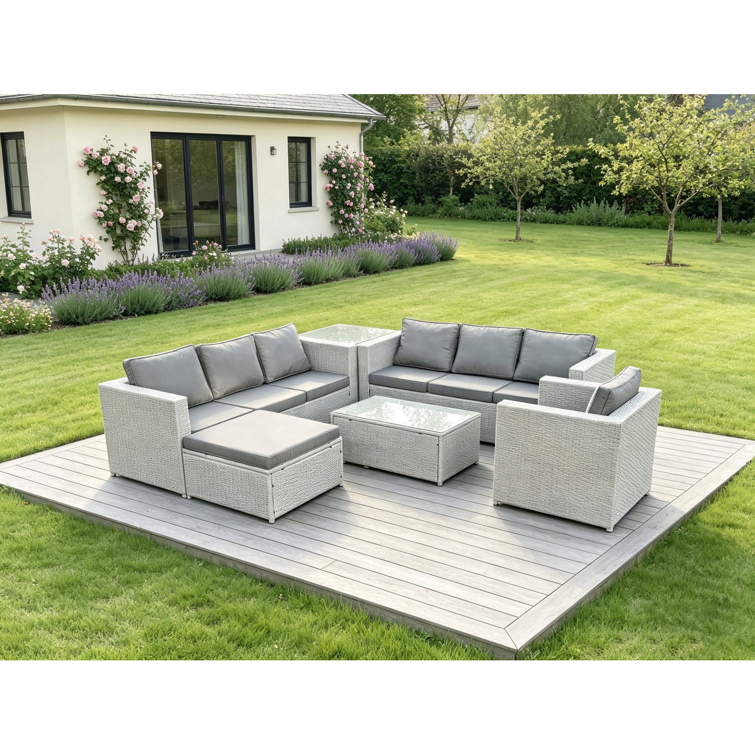 Fimous Unisex Light Grey Pe Rattan Garden Furniture Set Corner Lounge Sofa Set Oblong Square Coffee Size 2 - Image 2