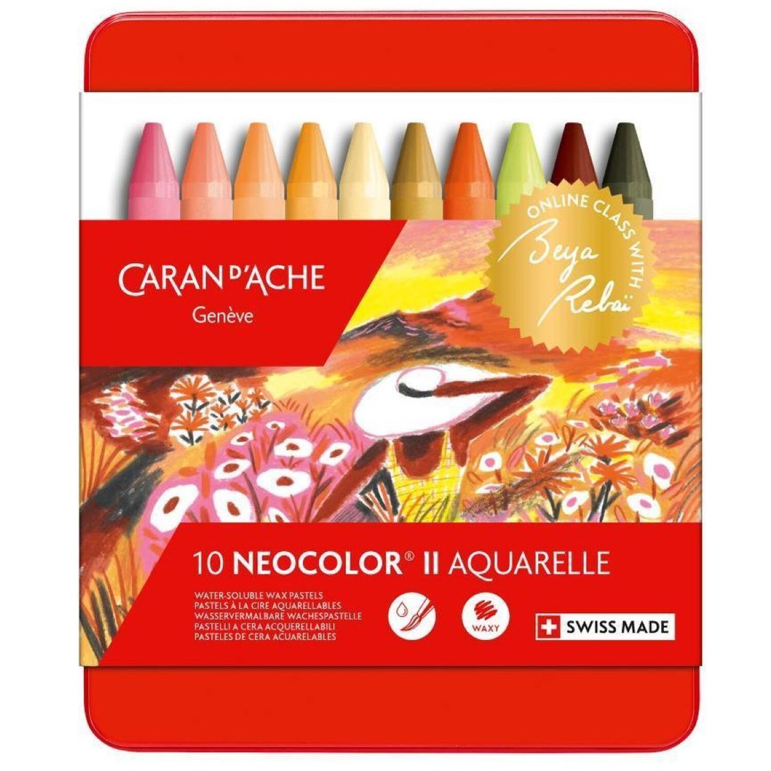 Caran D'ache Beya Rebaï Neocolor Ii Warm Shades - 10 Water-Soluble Wax Pastels Tin Set - Assorted Colours