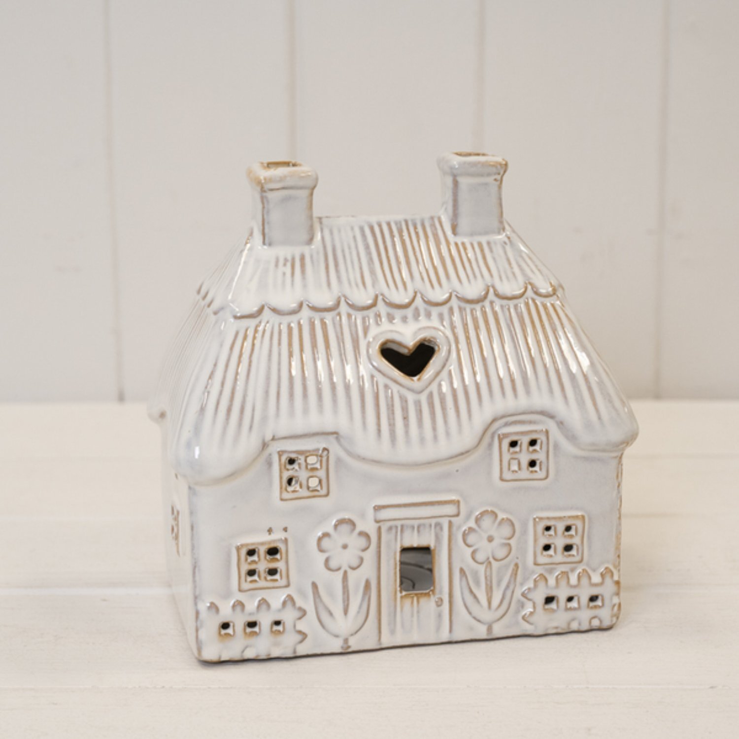 White Natural Ceramic Thatch Roof House for Tealight - Natural