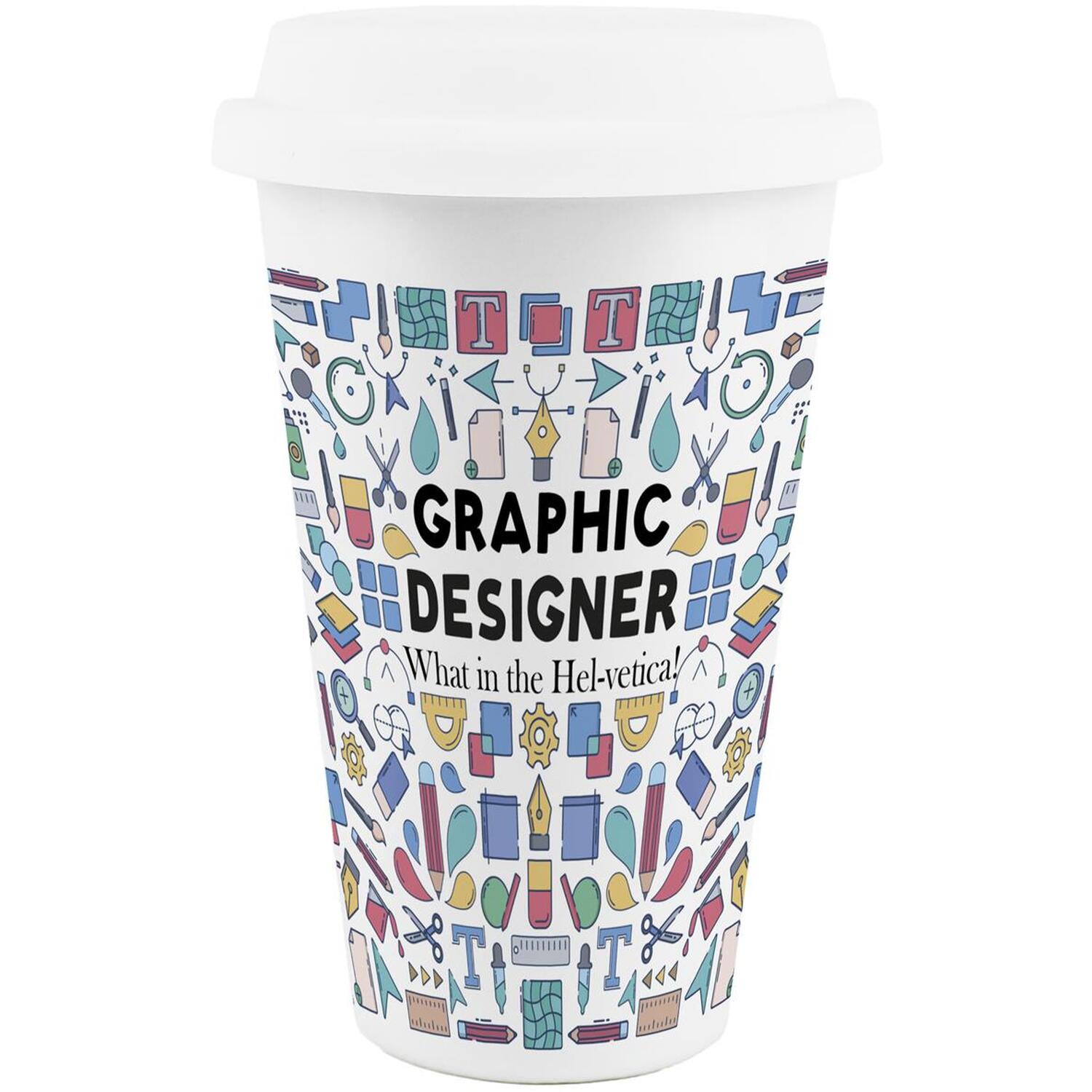 Purely Home Novelty Graphic Designer Ceramic Travel Mug - Reusable Drinks Cup Gift - White