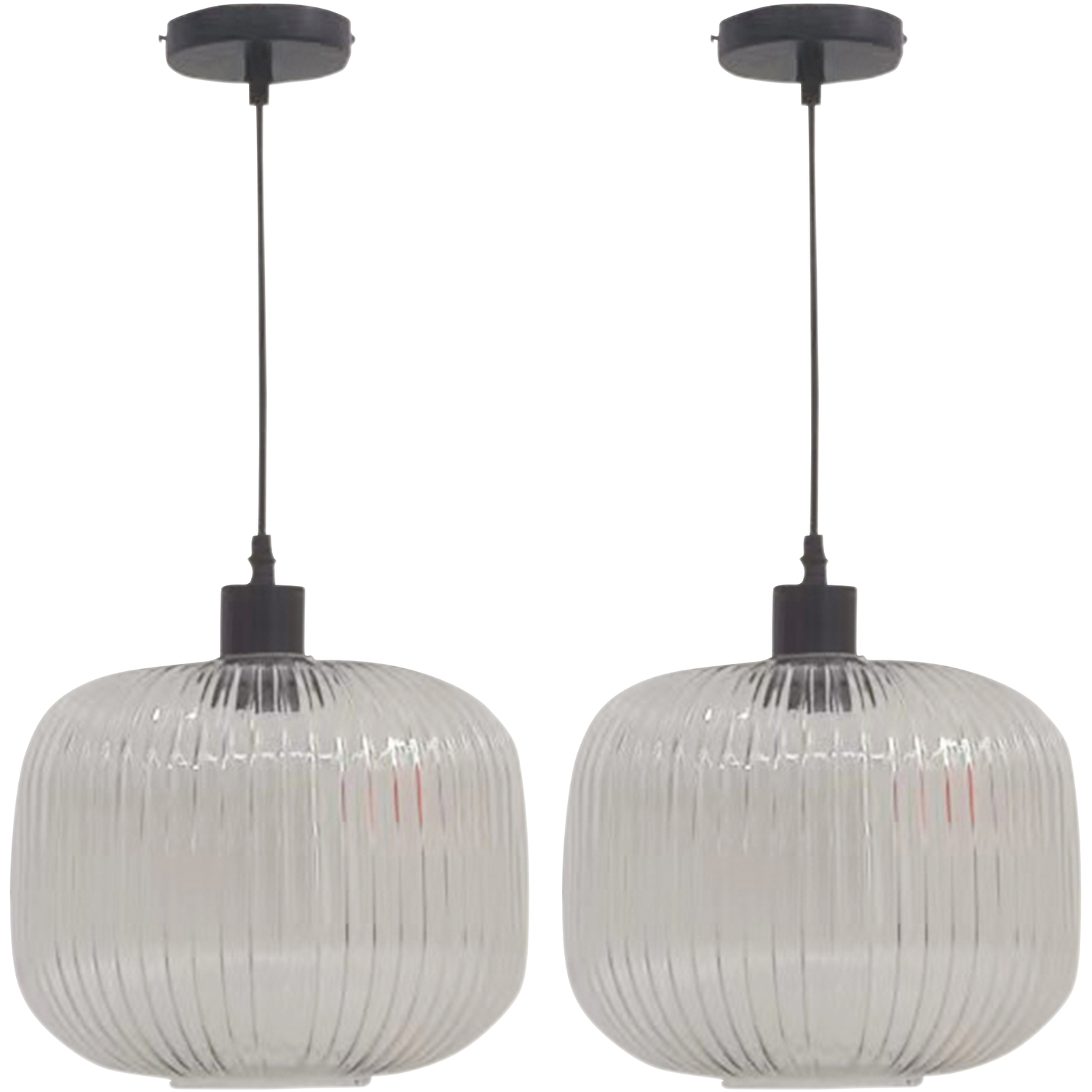 First Choice Lighting Set Of 2 Batley Ceiling Single Pendant Lights - Clear Ribbed Glass With Matt Black Detail