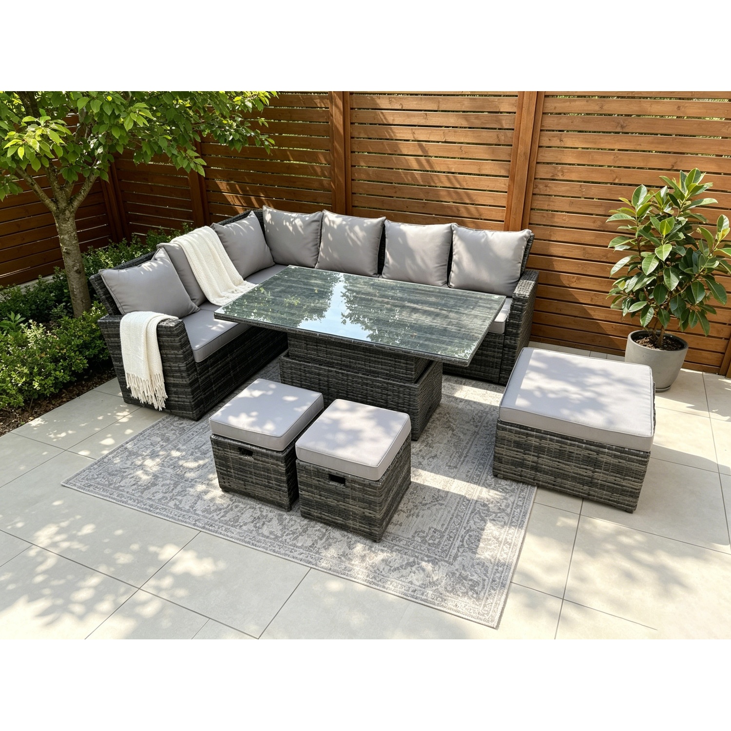 Rackhams Dark/Grey 9 Seater High Back?Outdoor Rattan Adjustable Rising Lifting Dining Table Corner Sofa Set Garden Furniture Footstools Mixed Left Hand - Image 2