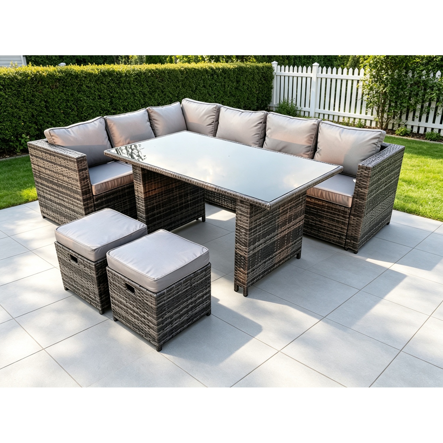 Fimous Dark/Grey Outdoor Lounge Rattan Corner Sofa Set Garden Furniture With Small Footstools 6 Seater - Image 2