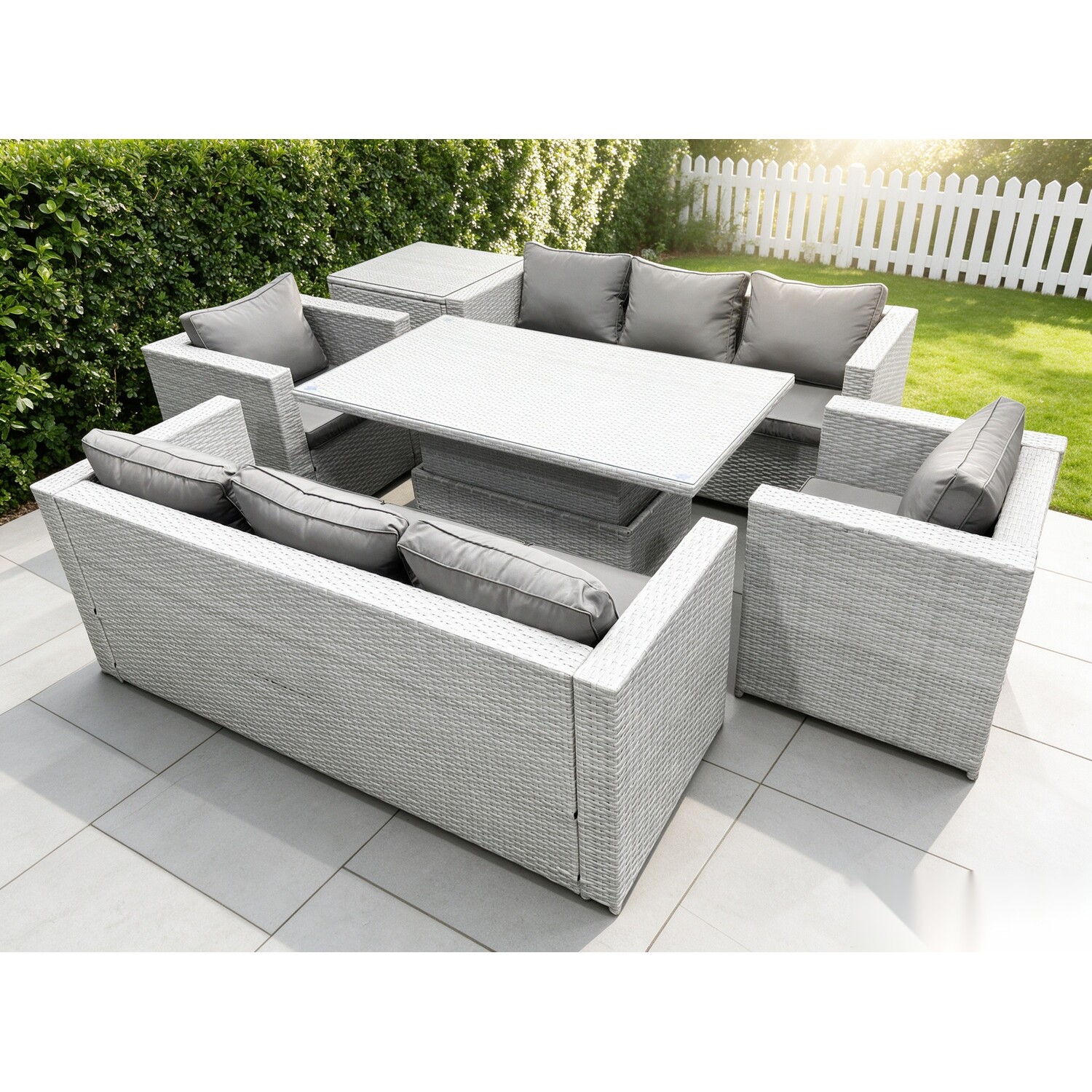 Fimous Light/Grey/Dark Rattan Garden Funiture Set Height Adjustable Rising Lifting Table Sofa Dining Set Lounge Sofa 2 Arm Chair Side Table - Image 2